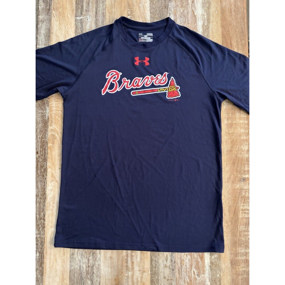 Under‎ Armour Atlanta Braves Heat Gear Tshirt Men’s Medium Navy Blue MLB EUC